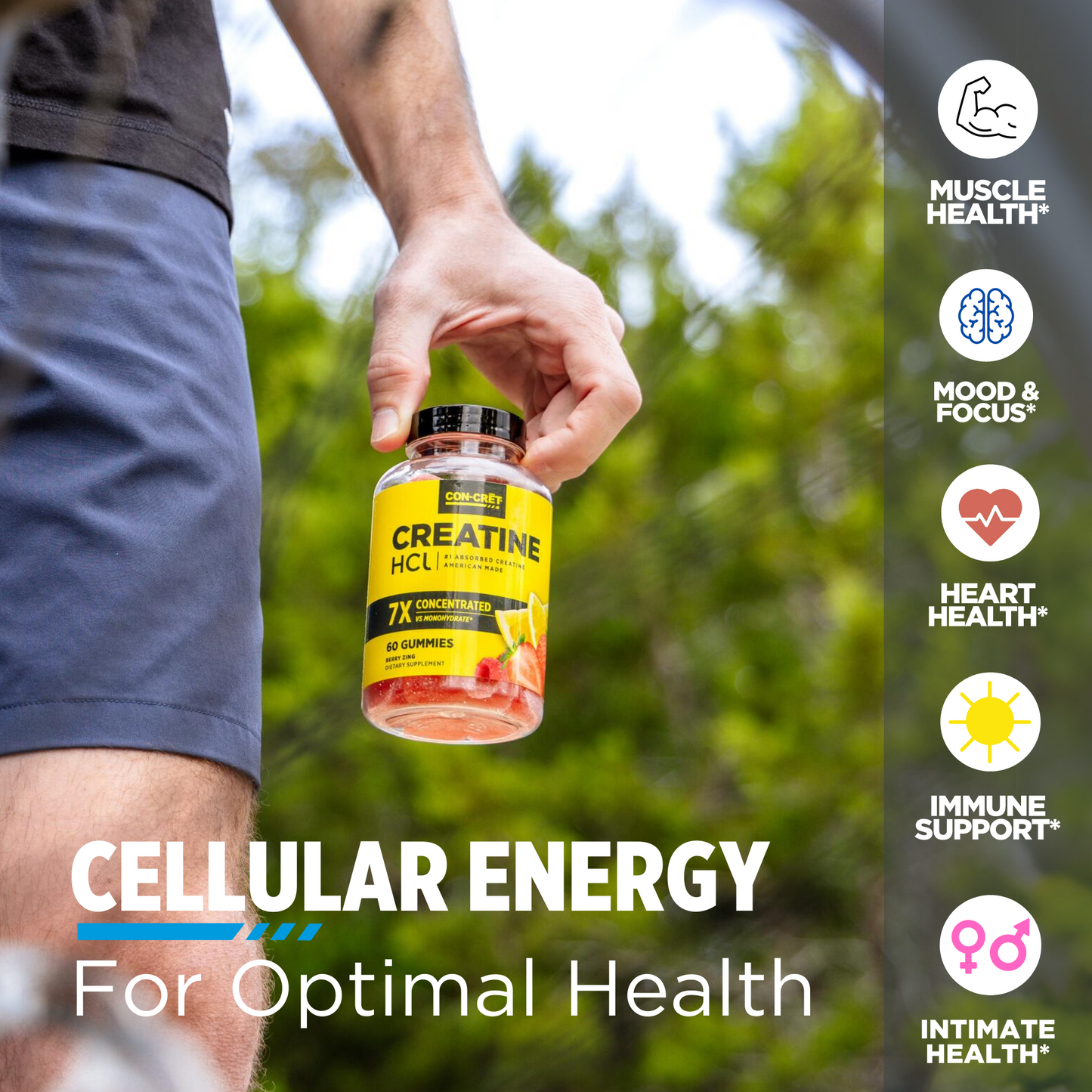 Man holding CON-CRET Creatine HCl Gummies bottle, promoting muscle health, mood and focus, heart health, immune support, and intimate health benefits