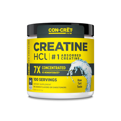 Unflavored CON-CRĒT Creatine HCl supplement container on a white background