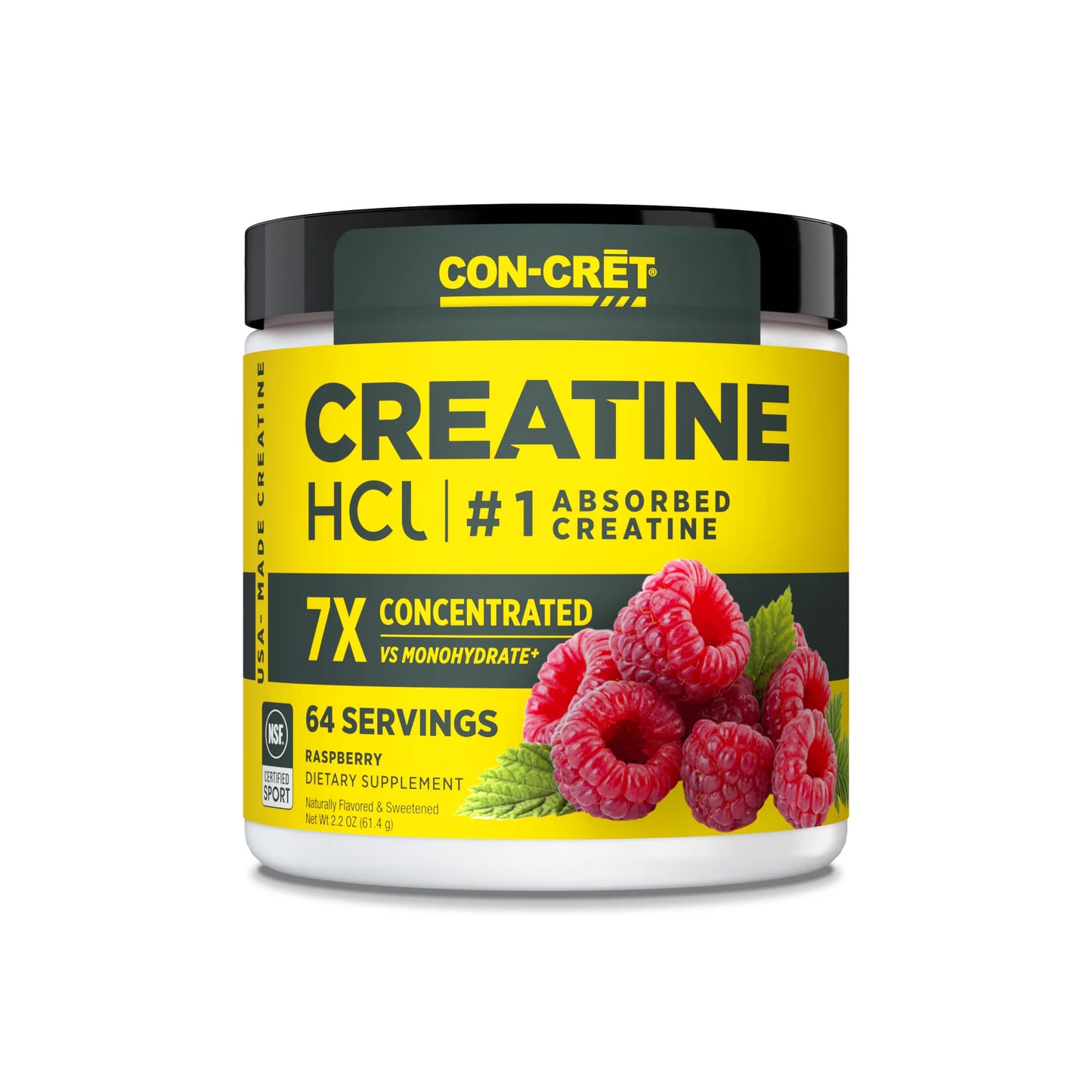 
                  
                    CON-CRĒT Creatine HCl supplement container with raspberry flavor on a white background
                  
                