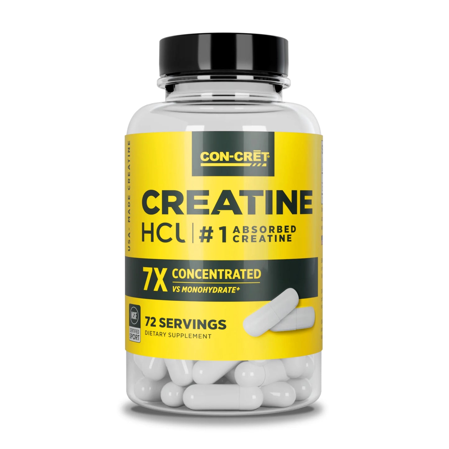 
                  
                    A clear plastic bottle of CON-CRĒT Creatine HCl dietary supplement with a bright yellow label and a black cap, containing white capsules, shown on a clean white background.
                  
                