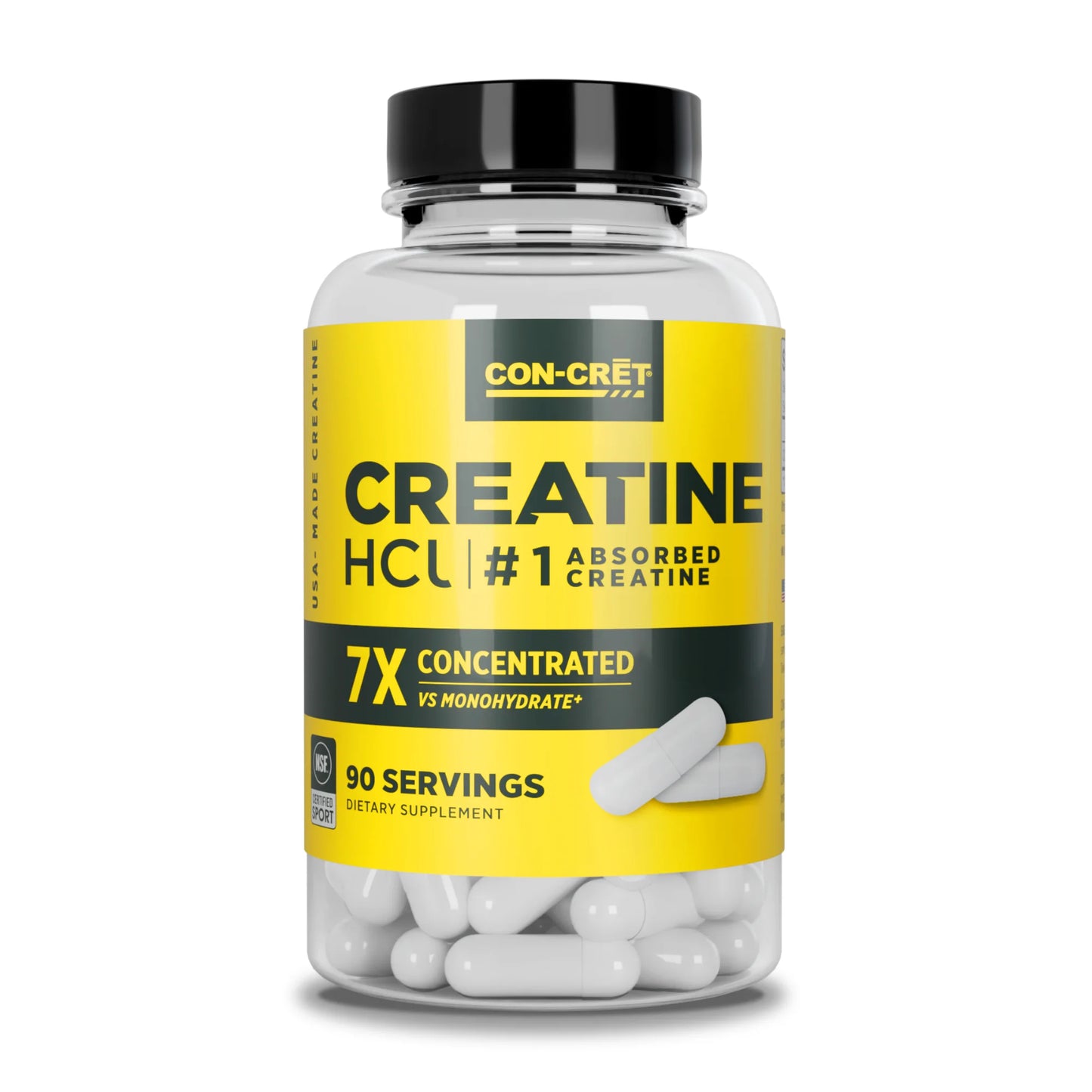 
                  
                    A clear plastic bottle of CON-CRĒT Creatine HCl dietary supplement with a bright yellow label and a black cap, containing white capsules, shown on a clean white background.
                  
                
