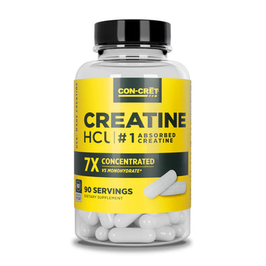 A clear plastic bottle of CON-CRĒT Creatine HCl dietary supplement with a bright yellow label and a black cap, containing white capsules, shown on a clean white background.