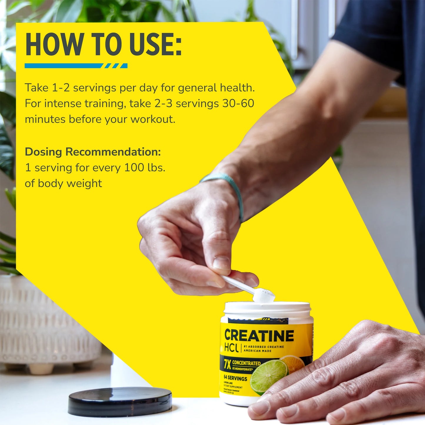 
                  
                    Person using CON-CRĒT Creatine HCl powder with dosing instructions on a bright yellow background
                  
                
