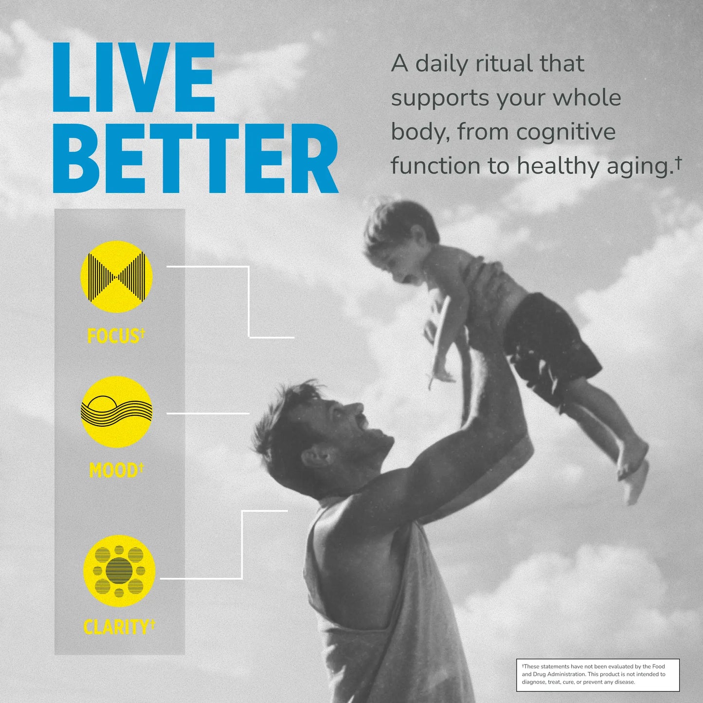 
                  
                    Man holding a child with 'Live Better' text and lifestyle icons on a cloudy sky background for CON-CRĒT Creatine HCl 
                  
                
