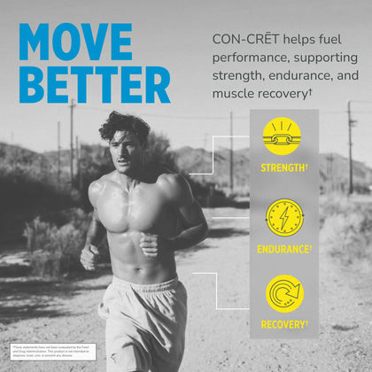 Man running outdoors with promotional text about CON-CRĒT Creatine HCl supplement benefits