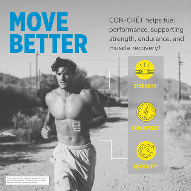 Man running outdoors with promotional text about CON-CRĒT Creatine HCl supplement benefits