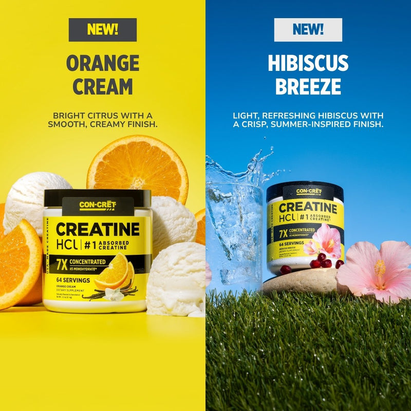 A split promotional graphic for CON-CRET Creatine HCl. The left half is bright yellow with the text 'ORANGE CREAM,' showing a tub of creatine with orange slices and ice.
