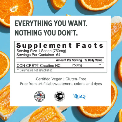 CON-CRET Creatine HCl white supplement facts label centered on a bright blue background with sliced orange fruit around the edges.