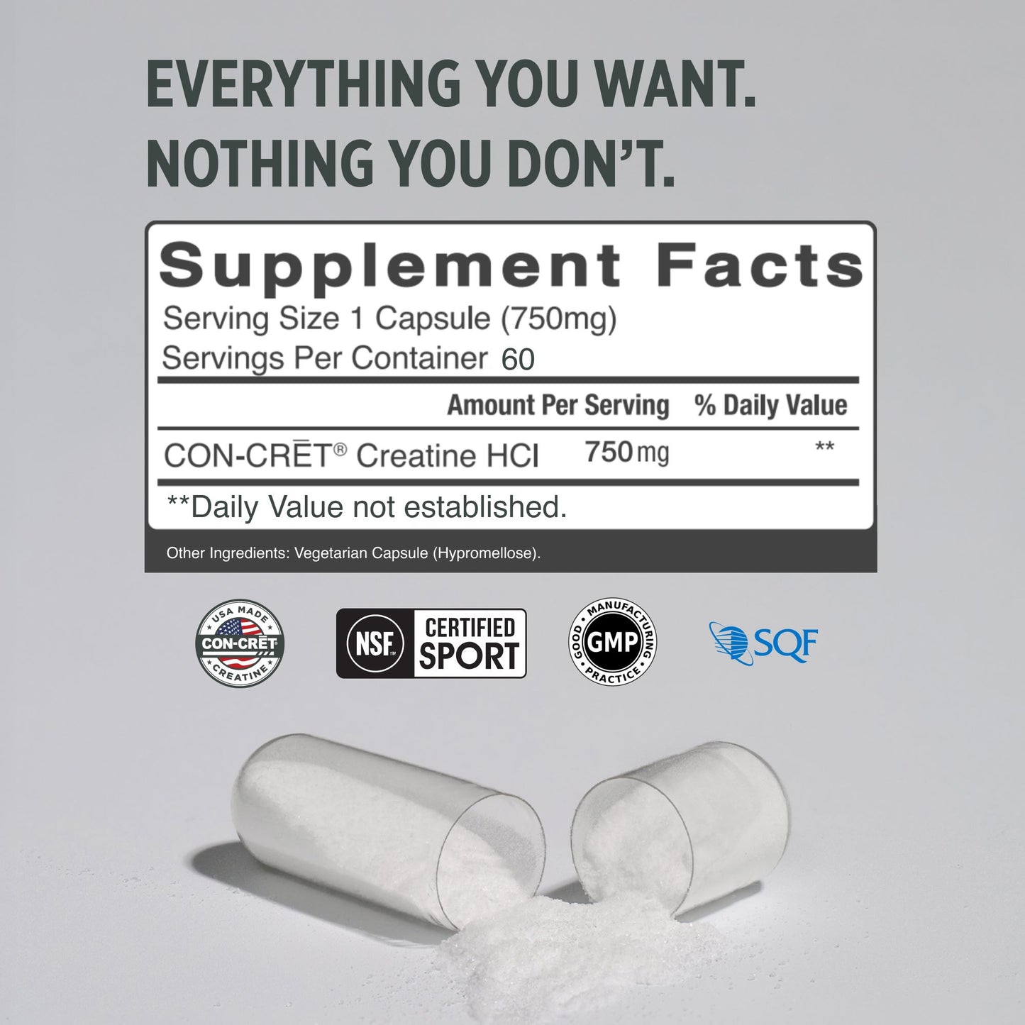
                  
                    A supplement facts label graphic for CON-CRET Creatine HCl, with the text 'EVERYTHING YOU WANT. NOTHING YOU DON'T.
                  
                