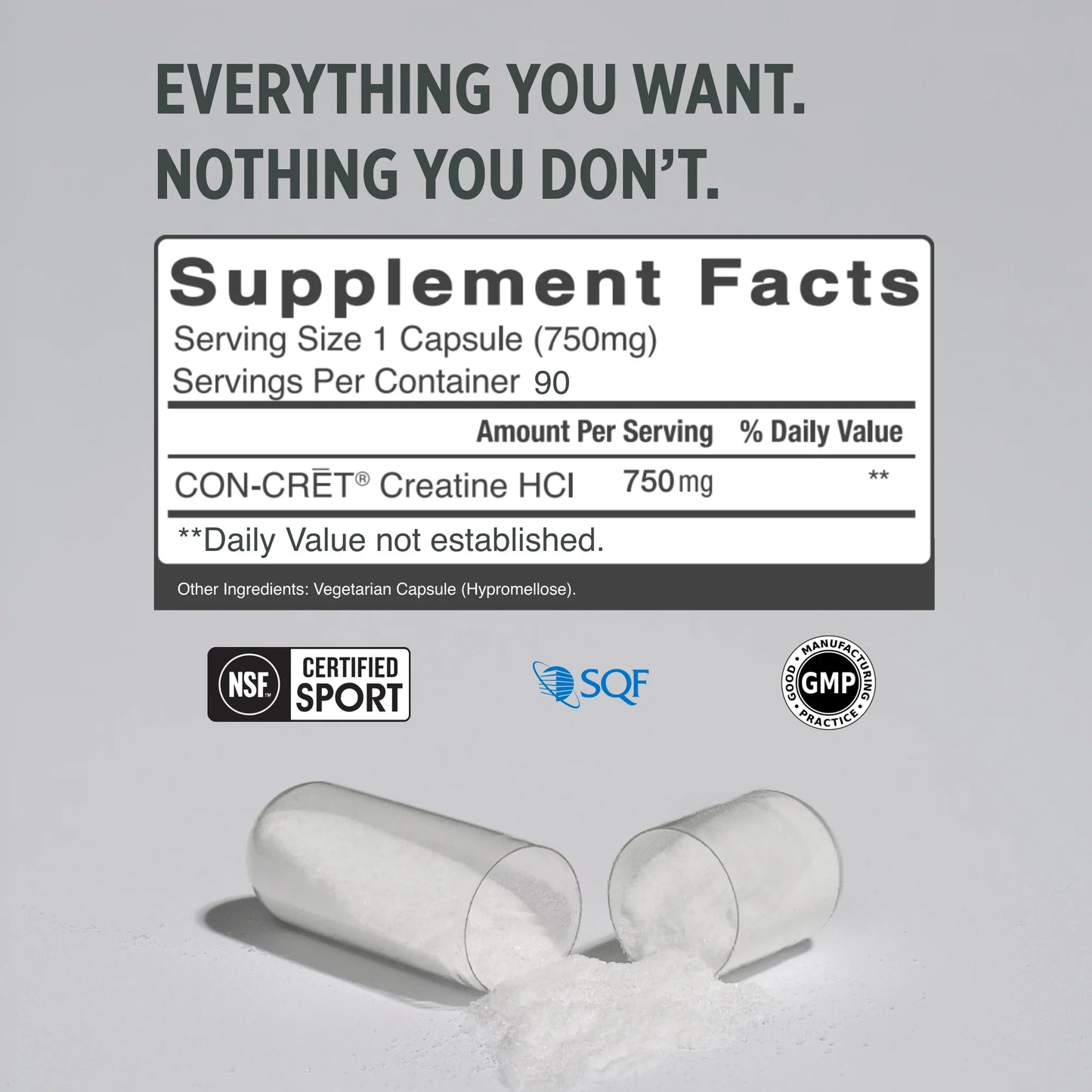 
                  
                    A supplement facts label graphic for CON-CRĒT Creatine HCl, with the headline 'EVERYTHING YOU WANT. NOTHING YOU DON'T.
                  
                