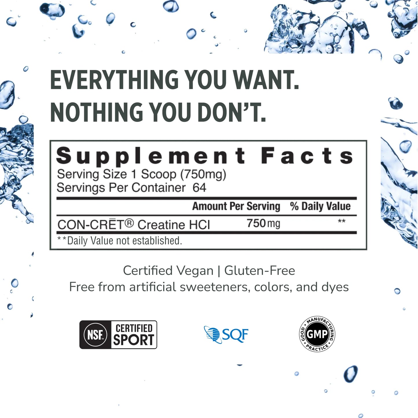 
                  
                    CON-CRET Creatine HCl white supplement facts label centered on a bright blue background with water droplets on the edges.
                  
                
