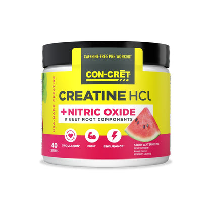 Con-Cret Creatine HCl + Nitric Oxide Sour Watermelon supplement on a white background