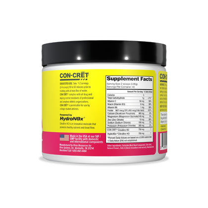 CON-CRET Creatine HCl + Nitric Oxide container with yellow label and black lid on a white background showing ingredients and supplement facts