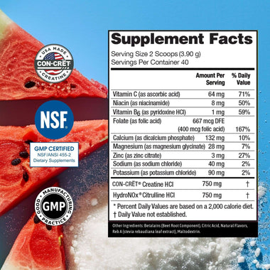 Supplement label with watermelon slices and nutritional information on a blue background