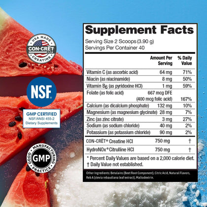 Supplement label with watermelon slices and nutritional information on a blue background