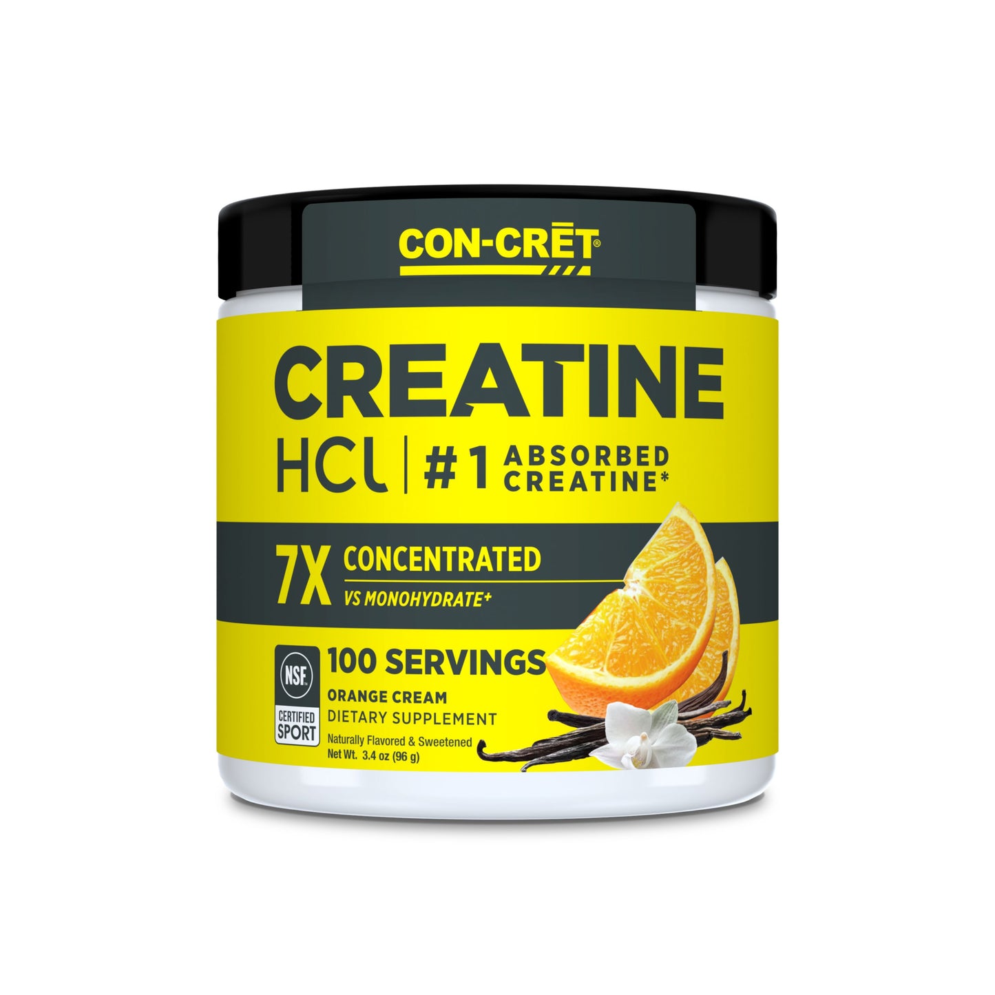 A white plastic tub of CON-CRĒT Creatine HCl Orange Cream with a bright yellow label, black lid, and orange cream flavor illustration on the front, set against a plain white background.