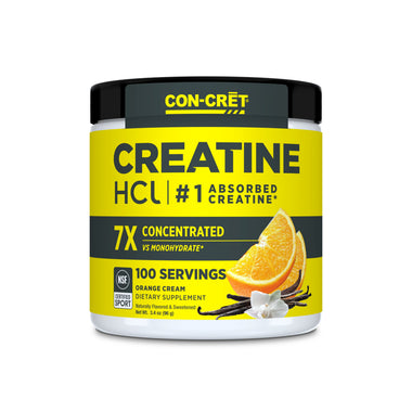 A white plastic tub of CON-CRĒT Creatine HCl Orange Cream with a bright yellow label, black lid, and orange cream flavor illustration on the front, set against a plain white background.